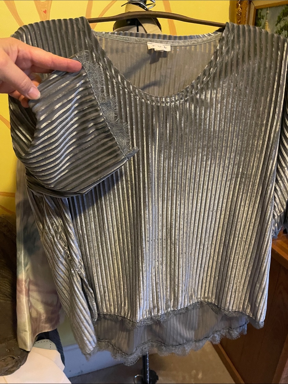 Boutique POL Women's Silver Pleated Velvet Blouse sz S